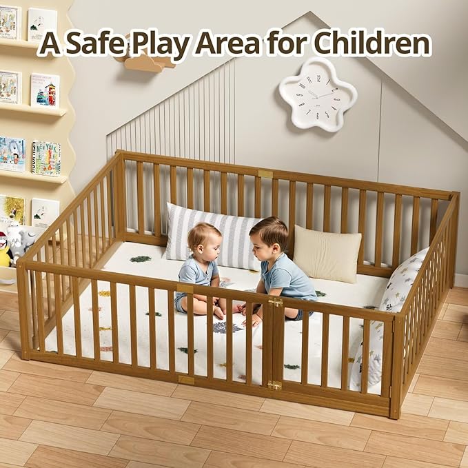 LLS Full Size Floor Bed with 21.6" High Fence for Kids Boys Girls, Solid Wood Multifunctional Montessori Bed Frame with Door, Without Slats, Light Espresso