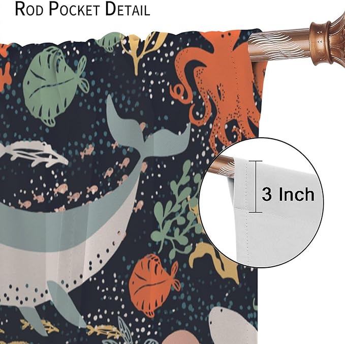 Sea Animals Curtain Cartoon Fish，Undersea Cute Whales Dolphin Underwater Wild Life Blue Ocean Boys Girls Waterproof Polyester Fabric Bedroom Decoration Set 2 Panels,42x45 Inches