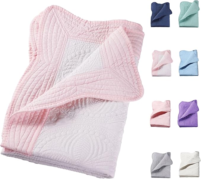 PEACELOVER Embossed Neutral Baby Quilt Durable, Lightweight Baby Blankets Four Seasons for Personlized Monogram Cotton Quilted Blanket Toddler Quilt for Boys and Girls 46x36 Inches (White & Pink)