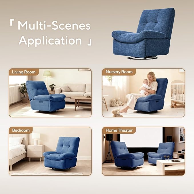 Nouhaus Swivel Rocking Chair Nursery, Oversized Glider Rocker Recliner Chairs w/Footrest, USB & Type-C Ports, Rocking Recliner Chair for Nursery, Living Room (Snooze Classic, Midnight Blue)