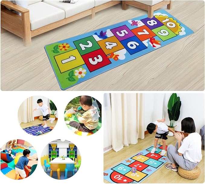 Hop and Count Hopscotch Rug, Kids Floor Play Area Rug Game Carpet Crawl Jump Mat, Children Numbers Learning Non-Slip Rug, Great for Ages 3 to 7 Boys Girls, Home Decor, 26''x78''