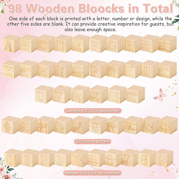 Marsui 136 Pcs Baby Shower Blocks to Decorate Game Kit Includes 98 Wooden Blocks, 36 Markers, 1 Game Sign, 1 Storage Box for Baby Shower Gender Reveal Activity Party Decorations(Flower)
