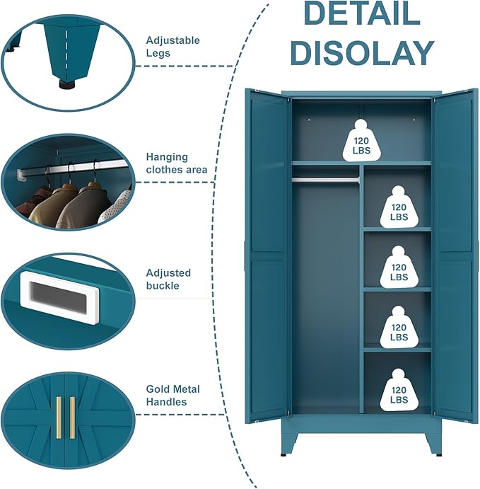 Metal armoire Wardrobe Closet with Hanging Rod,71'' Metal Wardrobe Cabinet with 2 Doors and 4 Adjustable Shelves, Bedroom armoires,Laundry Room cabinets,armario de ropa Closet