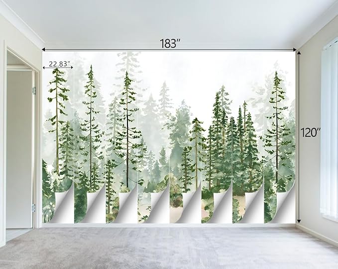 Boys or Girls Cartoon Pine Tree Forest wallpeper Nursery Kids Bedroom Wall Mural - 183"x120"（Not Peel and Stick）