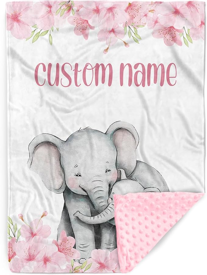 Personalized Baby Blankets for Girls, Custom Name Pink Flower Elephant Pattern Baby Blanket, Soft Receiving Blanket for Newborns and Toddlers, Ideal for Baby Showers and Nursery Decor