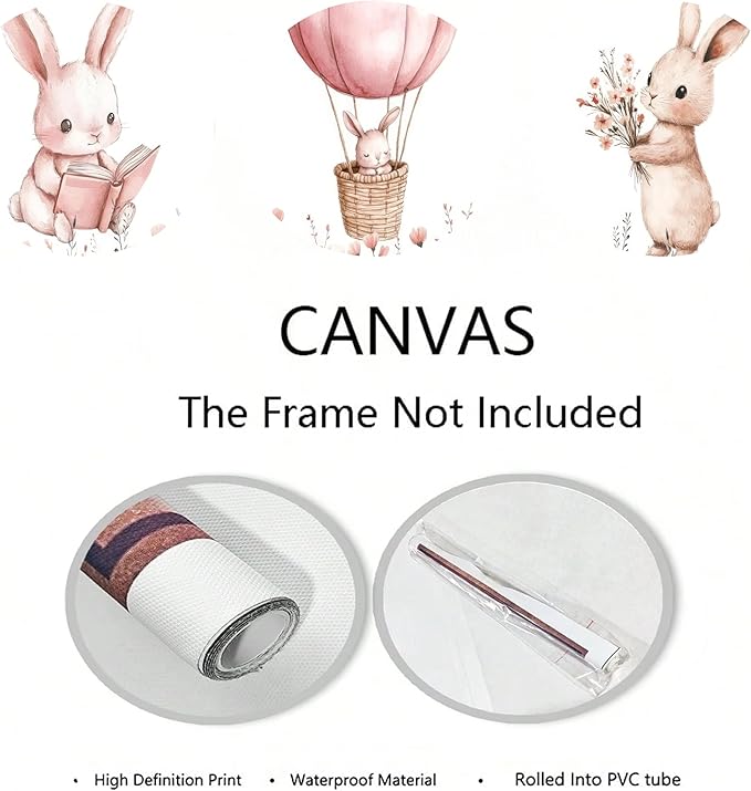 3Pcs Pink Nursery Bunny Wall art Hot Air Balloon Cute Rabbit Wildflowers Painting Pictures Wall Decor Easter Nursery Poster Print Artwork for Girls and Boys Kids Room Baby Room Decor Home Decoration