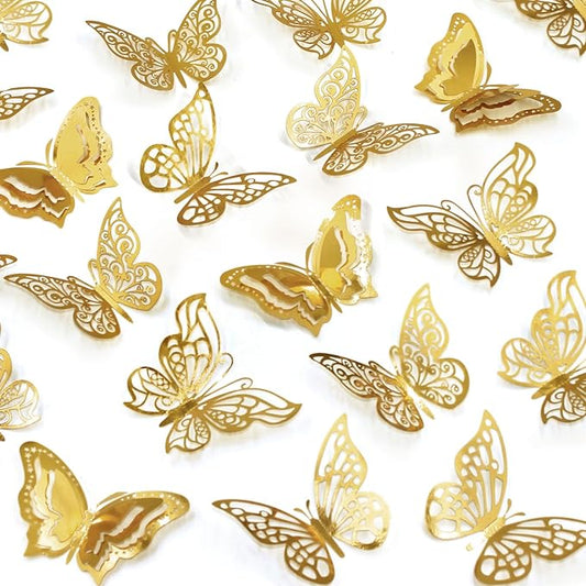 96 Pcs Butterfly Decorations 3 Sizes 4 Styles 3D Butterfly Wall Decor Party Decorations Butterflies for Crafts Birthday & Wedding Celebrations Cake Decorating Balloons Removable Stickers Gold