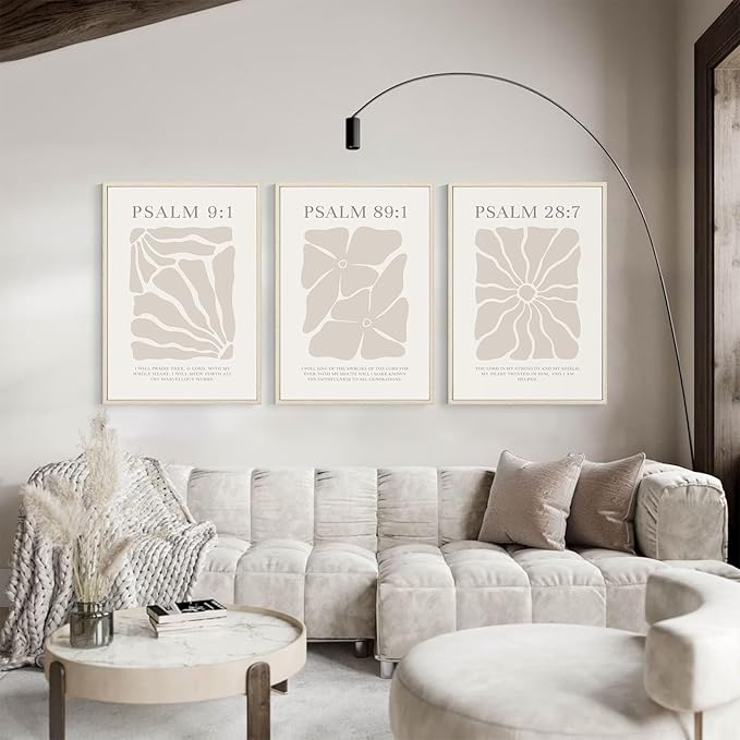 Joocrise Scripture Christian Wall Art Set of 3 Beige Bible Verses Wall Decor Neutral Psalm Canvas Wall Art Modern Pictures Flower Prints Christian Artwork for Living Room Bedroom 12x16 Inch Framed