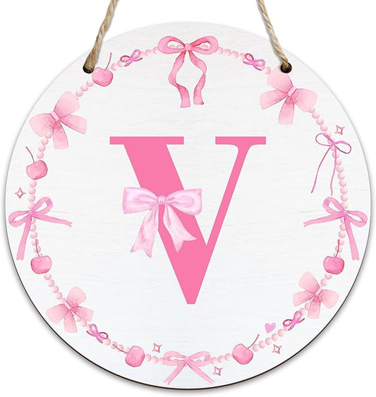 Monogram Round Sign For Front Door, Cherry Bow Theme Sign For Porch Art Wall Door, Initial Signs Hanging Ornament For Indoor Outdoor, Decorations Gifts For Four Seasons Rustic Home Kitchen, V, A22