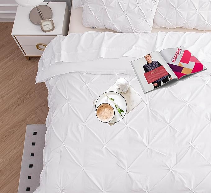 LANE LINEN Full Size Comforter Set, 7 Piece Bed in a Bag - Soft Pintuck Bedding Comforter Sets with Sheets, Pillowcases & Shams - White
