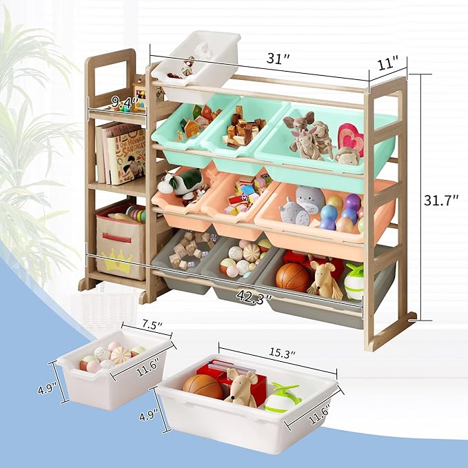 Toy Storage Organizer - Toy Organizers and Storage with Bookshelf, Toy Storage Shelf with 3 Shelves and 12 Storage Bins, Kids Bookshelf and Toy Storage for Kids Room, Playroom, Nursery, Multi color