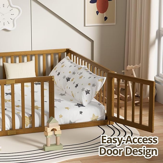 LLS Full Size Floor Bed with 21.6" High Fence for Kids Boys Girls, Solid Wood Multifunctional Montessori Bed Frame with Door, Without Slats, Light Espresso