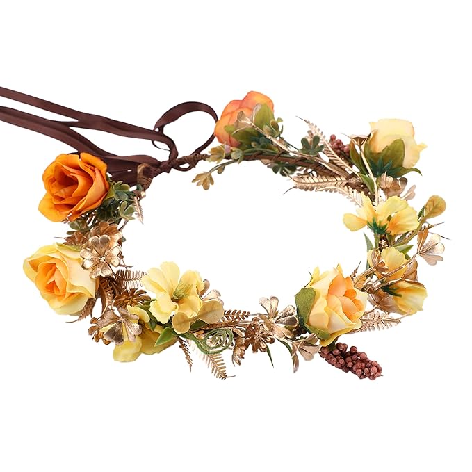 Fairy Rose Flower Crown - Golden Leaves Autumn Yellow Flower Headband Fashion Boho Bridal Floral Headpiece Women Girls Vacation Party Festival Photo Prop