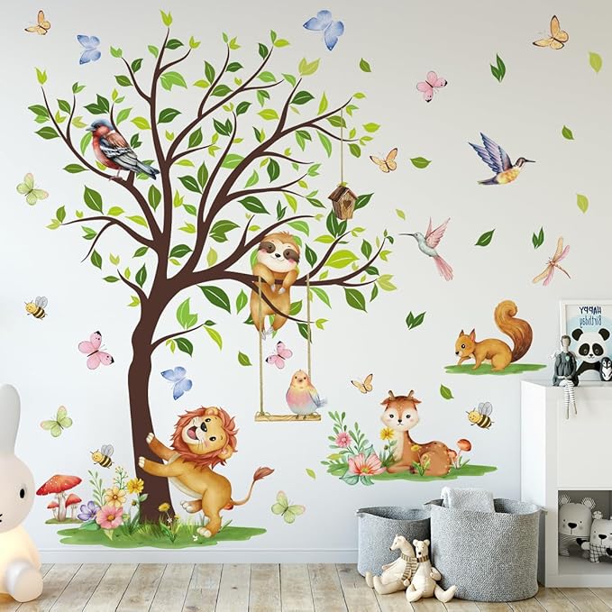 Woodland Animals Large Tree Wall Decals, Lion Sloth Deer with Birds Butterflies Wall Decals for Nursery Room Kids Bedroom Toddler Room Decor, 70.47x51.18 inches,