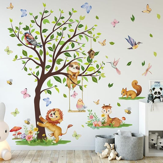 Woodland Animals Large Tree Wall Decals, Lion Sloth Deer with Birds Butterflies Wall Decals for Nursery Room Kids Bedroom Toddler Room Decor, 70.47x51.18 inches,