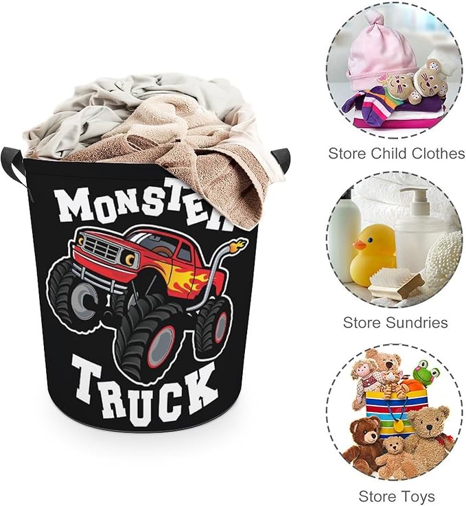 Cartoon Monster Truck Laundry Basket Monster Truck Room Decor for Boys Hamper Clothes Toys Storage Bin Kids Bedroom Bathroom