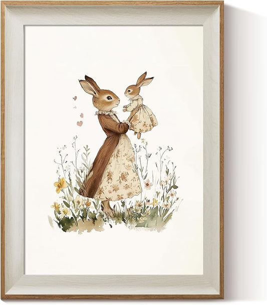 ARPEOTCY Framed Canvas Wall Art, 12x16 Inch Vintage Bunny Mom and Baby Rabbit Print, Nursery Wall Decor for Baby Room, Girls Bedroom or Mother's Day Gift