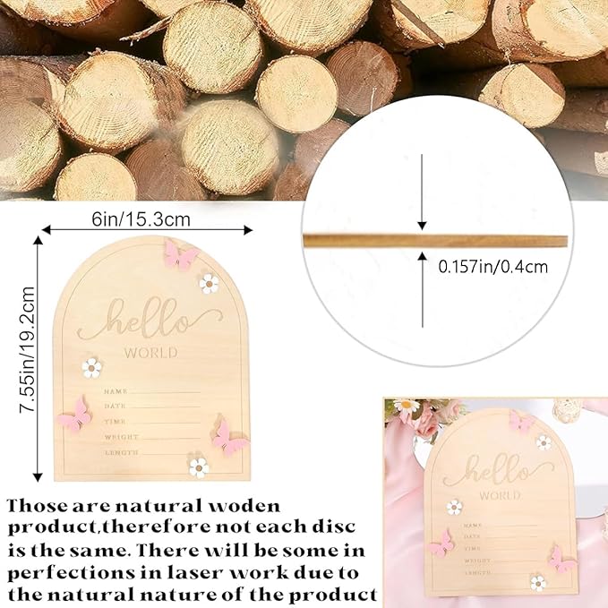 iEvolve Baby Announcement Sign Hello World Wooden Birth Name Sign Welcome Baby Newborn Board Butterflies and White Flowers Nursery Decor for Baby Girls Boys (WhiteDaisy)