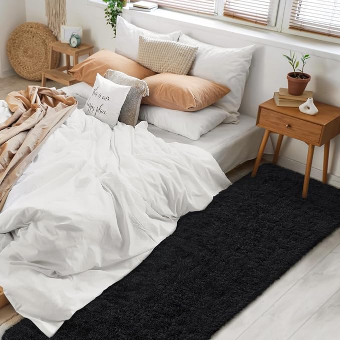 BENRON Soft Runner Rugs for Bedroom 2x8, Washable Long Runners for Hallway Entryway Kitchen Dorm, Fluffy Throw Rug for Kids Girls Room Decor Photo Prop, Black