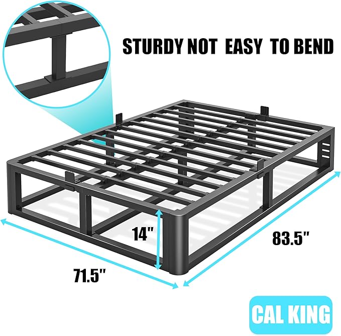 Metal Heavy Duty 14 inch California King Bed Frame with Rounded Corner and Headboard Hole Mattress Retainers 3500 LBS No Box Spring Needed Platform Noise Free Easy Assembly