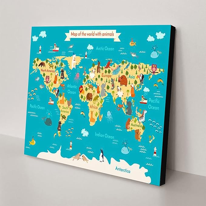 Canvas Wall Art Modern Home Art Kids World Map Canvas，Animal World Map Decor，Nursery Canvas Artwork for Living Room Office Decor Framed Ready to Hang 16''x24''