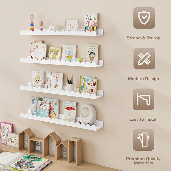 Fun Memories 32 Inch White Floating Shelf, Scalloped Picture Ledge for Nursery, Set of 4, Wall Mounted Book Shelves for Kids Room, Toddler Room
