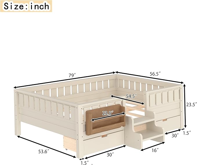 Bellemave Full Size Kids Bed with high Rails and with Built-in Bookshelf and Drawers for Kids, Girls, Boys, Wood Montessori Bed Without Door, Beige