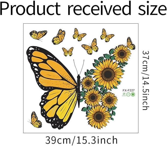 Large Butterfly Wall Decals, Sunflower Wall Stickers Yellow Butterfly Flower Wall Decal Murals Peel and Stick Wallpaper Art Decal for Nursery Bedroom Living Room Classroom