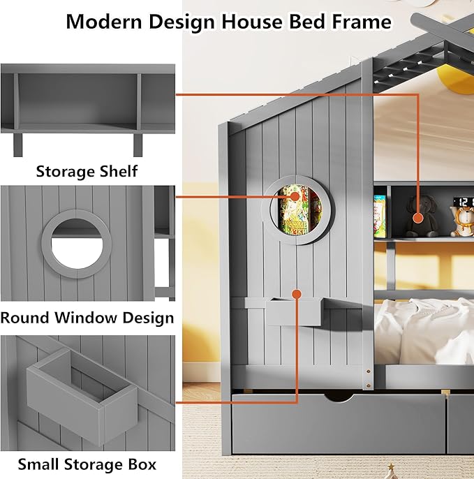 Aoowow Twin Size House Bed with Storage Shelves and Drawers, Wood Platform Kids House Bed with Window and Roof for Bedroom, Twin Playhouse Bed Frames for Boys Girls, Can be Decorated, Grey