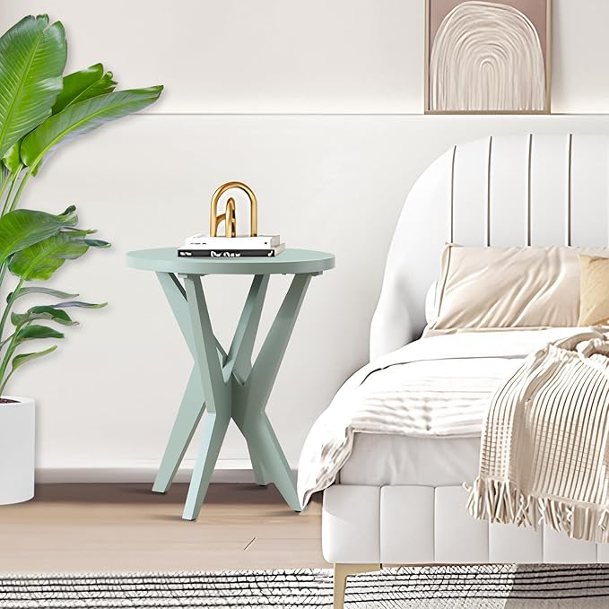 Modern Round End Table with Crossed Legs, Unique Small Green Side Table, Outdoor Accent Table, Easy Assembly Bedside Table for Living Room, Balcony, Small Spaces