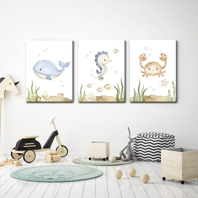 Wodkwq Ocean Nursery Decor, Set of 3, 12x16 Inch Framed Canvas Prints, Under The Sea, Boys Room, Kids Bathroom, Bedroom Wall Art