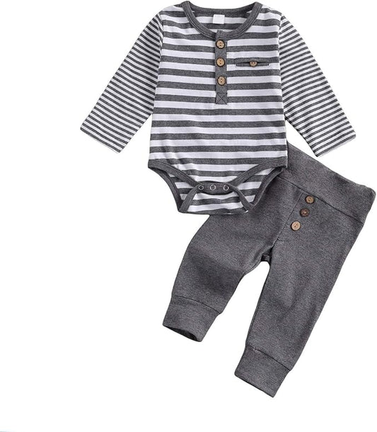 Newborn Baby Boy Girl Clothes Ribbed Knitted Cotton Long Sleeve Romper Long Pants Solid Color Fall Winter Outfits