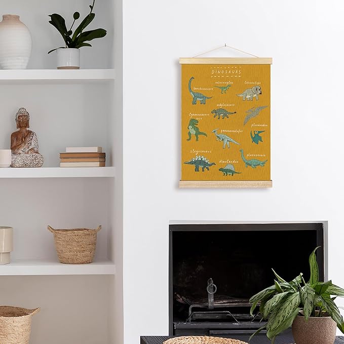 BCUANGD Dinosaur Dino Wall Decor - Yellow Baby Toddler Boys Room Wall Art Poster Hanger with Wood Frames, Inspirational Wall Hanging Canvas Decor for Kids Room Nursery Bedroom, 12x16 Inches
