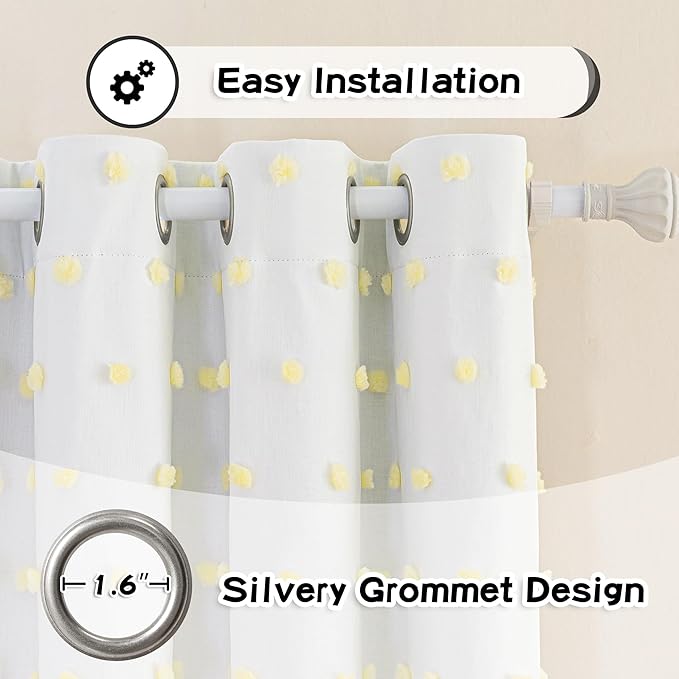 MYSKY HOME 100% Blackout Curtains for Nursery Thermal Insulated Yellow Pom Pom Curtains 63 Inch Length for Girls Bedroom 2 Panels Grommet White Sheer Curtains for Kitchen Dining Room, 52W x 63L