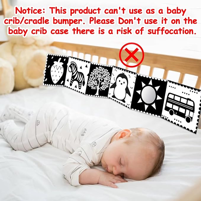 Black and White High Contrast Toys for Baby 0-3 3-6 months Infant Tummy Time Soft Crinkle Book Mirror Sensory Toys 0 2 4 5 6 Month Old Babies Boy Gril Newborn Development Christmas Stocking Stuffer