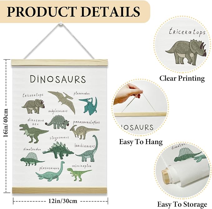 Nopoben Dinosaurs Poster Hanger Frame, Animal Prints Wall Art With Wooden Poster Hanger, Educational Animals Wall Decor, Kids Room Nursery Bedroom Decor(12x16 Inches)-19