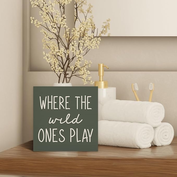 Where The Wild Ones Play Green Wood Box Sign Desk Decor 5X5, Nursery Kids Room Wooden Block Sign Decorations for Playroom Toddler Boys Girls Room Wall Tabletop Shelf Decor