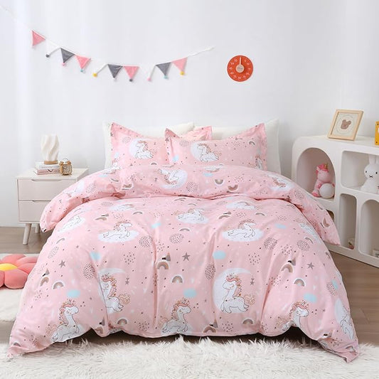 JSD Pink Unicorn Kids Duvet Cover Set Full Size, 3 Piece Girls Printed Microfiber Bedding Comforter Cover with Pillow Shams Zipper Closure, Comforter Not Included