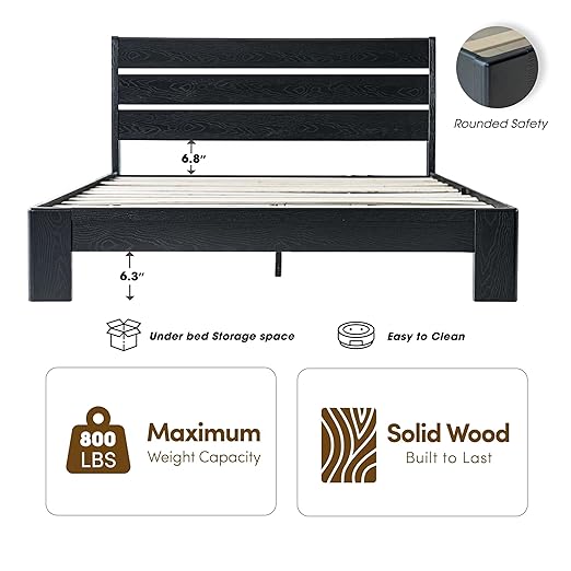 Queen Size Solid Wood Platform Bed Frame with Headboard & Footboard, Metal Legs with 12 Durable Slatted Base, Easy Assembly, No Box Spring Needed, Noise-Free & Anti-Slip, Ebony Oak Finish, QIQ-35