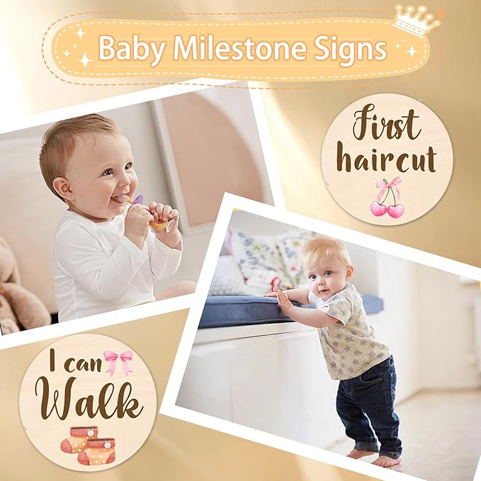 Baby Monthly Milestone Cards Sign - 13 Pcs Double Sided Baby Announcement Signs Bow, Pink Bow Wooden Milestone Circles Discs for Photo Props, Birth Announcement Marker Girl, Babies Welcome Card Gift