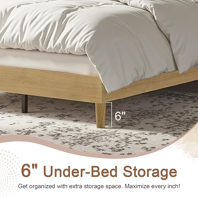 VECELO Queen Size Bed Frame Upholstered Platform Beds with Height-Adjustable Cotton and Linen Headboard, Heavy Duty Wood Slats, 6" Under-Bed Space, Noise-Free, No Box Spring Needed, Easy Assembly