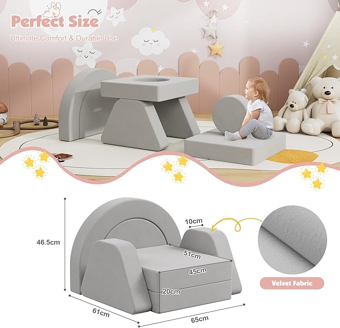 7 PCS Modular Kids Play Block Couch Child Sectional Sofa Toddler Building Fortplay Bedroom Playroom Baby Convertible Floor Foam Cushion for Boys & Girls (Light Gray-Single)