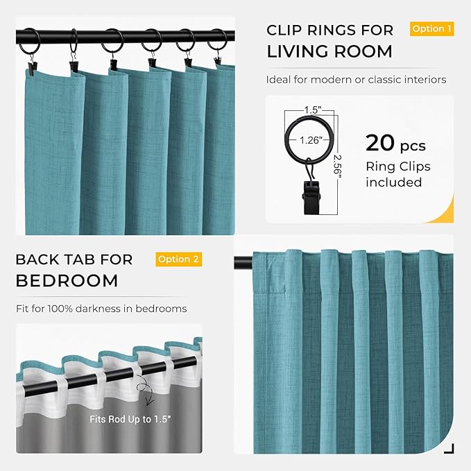 INOVADAY 100% Blackout Curtains for Bedroom, Black Out Curtains 90 Inch Long, Clip Rings Linen Blackout Drapes, Thermal Insulated Room Darkening for Living Room, 2 Panels - Teal,W50xL90