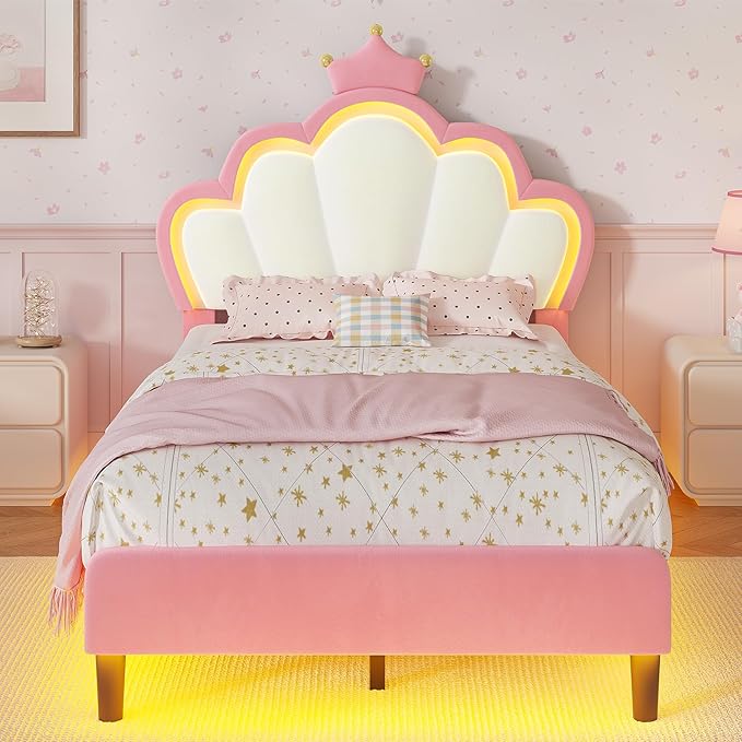 BTHFST Twin Size Bed Frame with LED Lights, Girls Twin Bed with Princess Crown, LED Velvet Upholstered Platform Bed Frame with Adjustable Headboard, No Box Spring Needed, Pink