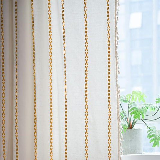 Deeprove Gold Yellow Boho Curtains 96 inches Long for Bedroom, Vintage Privacy Bohemian Embroidery Light Filter Cotton Linen Stripes French Country Tassel Window Treatments Decor, W52 x L96, 1 Panel