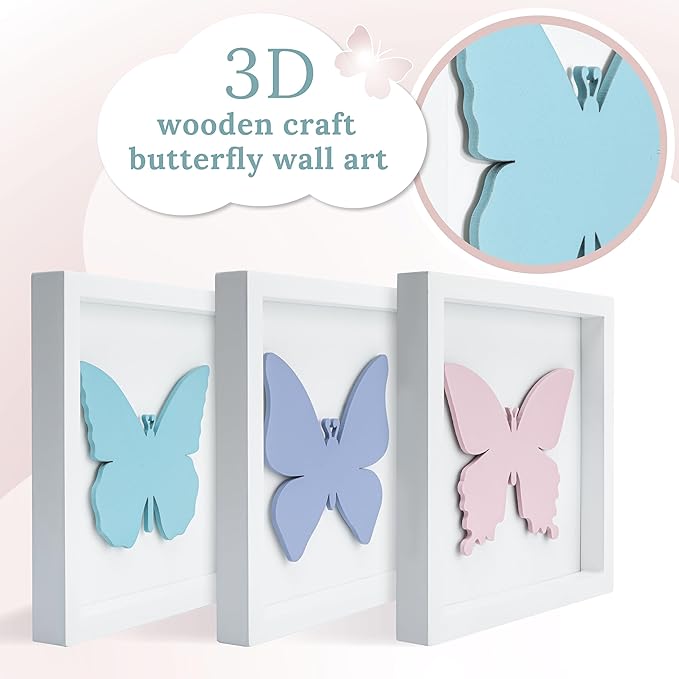 Tide and Tales 3D Butterfly Room Decor for Girls, Set of 3 (7”x7”) Framed Wooden Wall Art for Nursery, Nature-Inspired Bedroom Decorations, Butterfly Decor for Baby Girl, Perfect Baby Gift