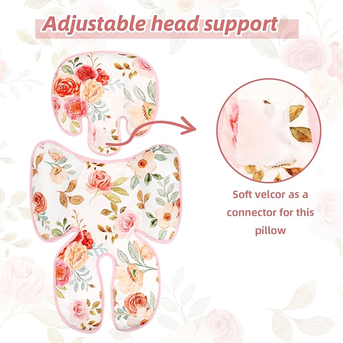 Infant Car Seat Insert, 2-in-1 Baby Car Seat Head Support for Newborn Girls Boys, Soft Baby Neck Support and Body Cushion for Car Seat, Stroller, Bouncer (Floral)