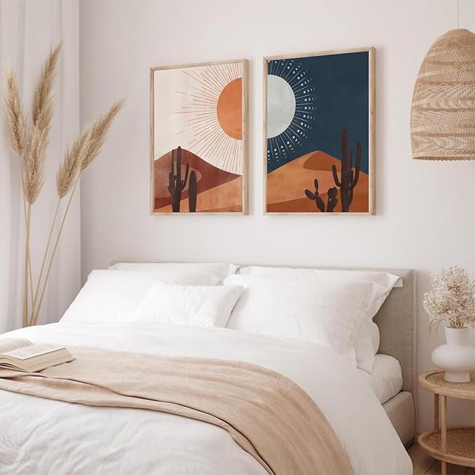 Sun and Moon Cactus Desert Landscape Art Decor Cactus Wall Art Decor - Desert Landscape Art Southwest Western Joshua Tree Pictures Print, Boho Wall Decor 16x24 inch Unframed Home Bedroom Decoration