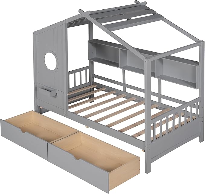 Harper & Bright Designs Wooden Twin Size House Bed Frame with 2 Drawers for Boys Girls Kids Toddler,Kids Bed with Storage Shelf, Gray