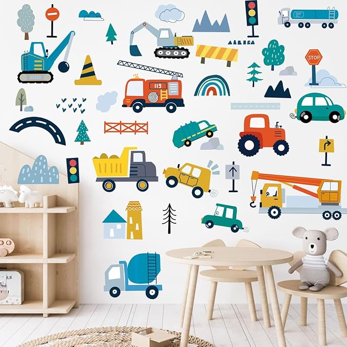 Construction Vehicles Wall Decals, 10 Sheets Truck Tractor Excavator Crane Vinyl Wall Stickers Peel and Stick Construction Stickers for Boys Bedroom Playroom Wall Art Decorations